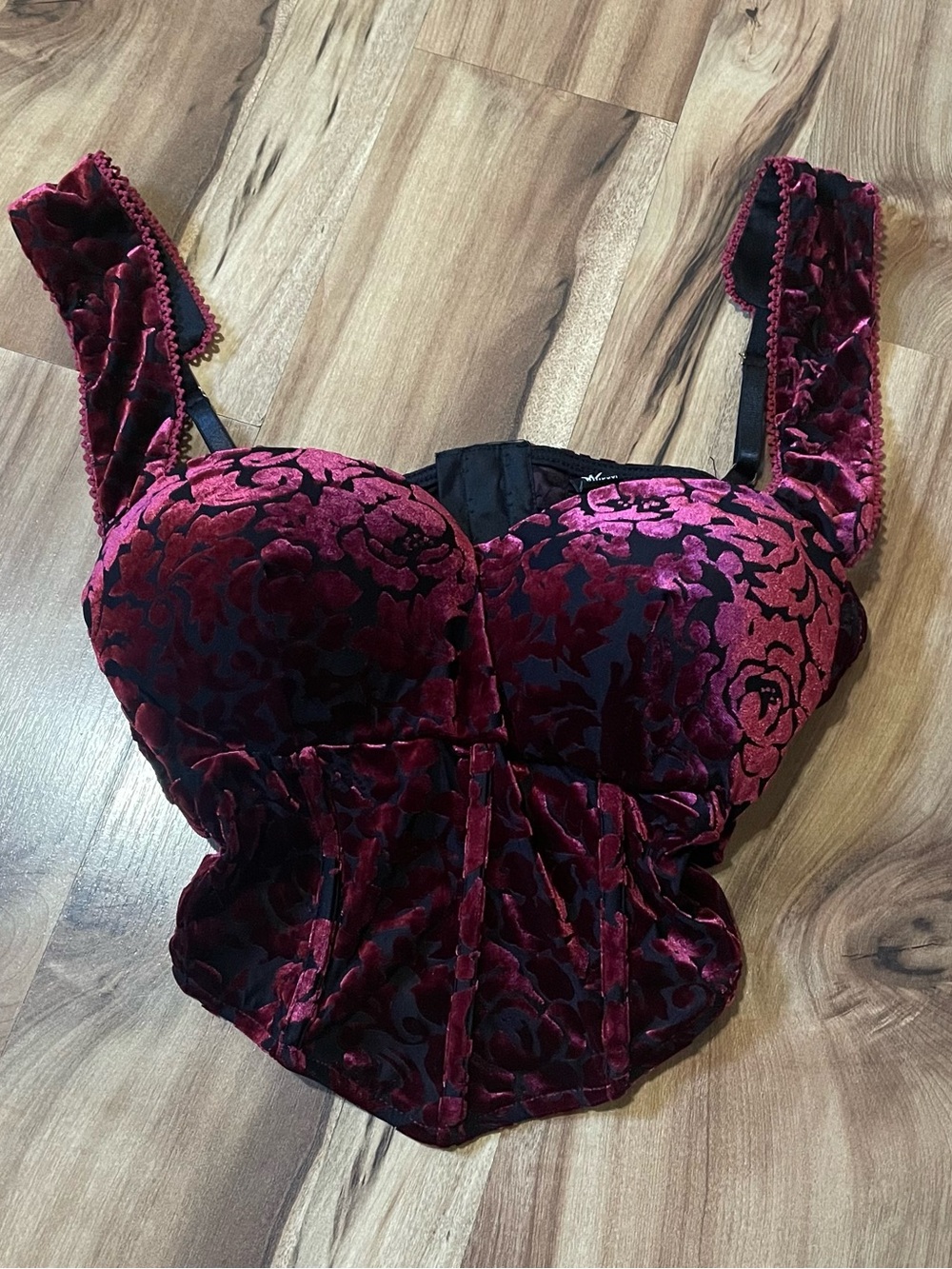 Windsor Burgundy Velvet Floral Corset Bustier Top Gothic Grunge Y2K Wine Red